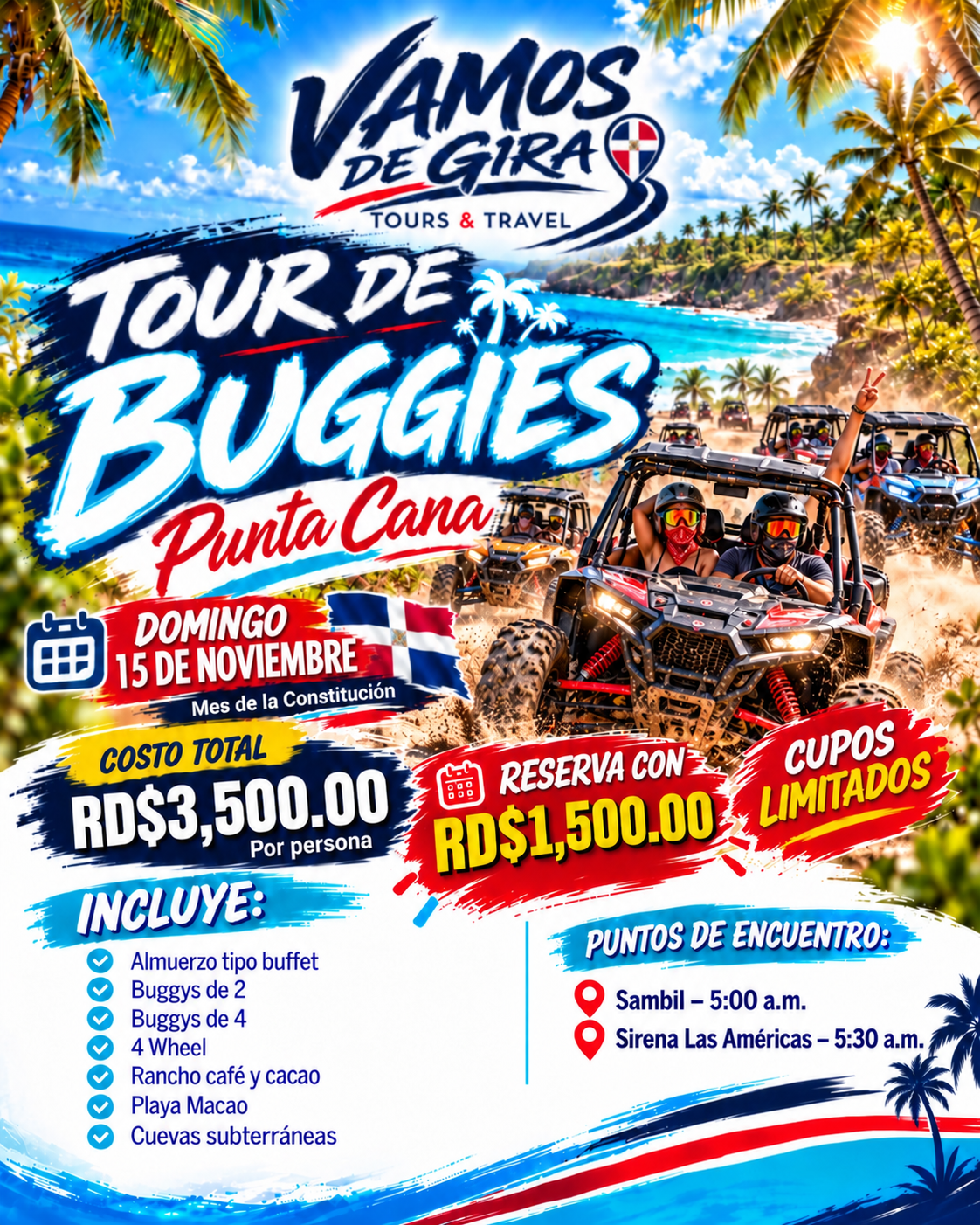 Flyer Tour de Buggies Punta Cana, 15 de noviembre de 2026, RD$3,500 por persona